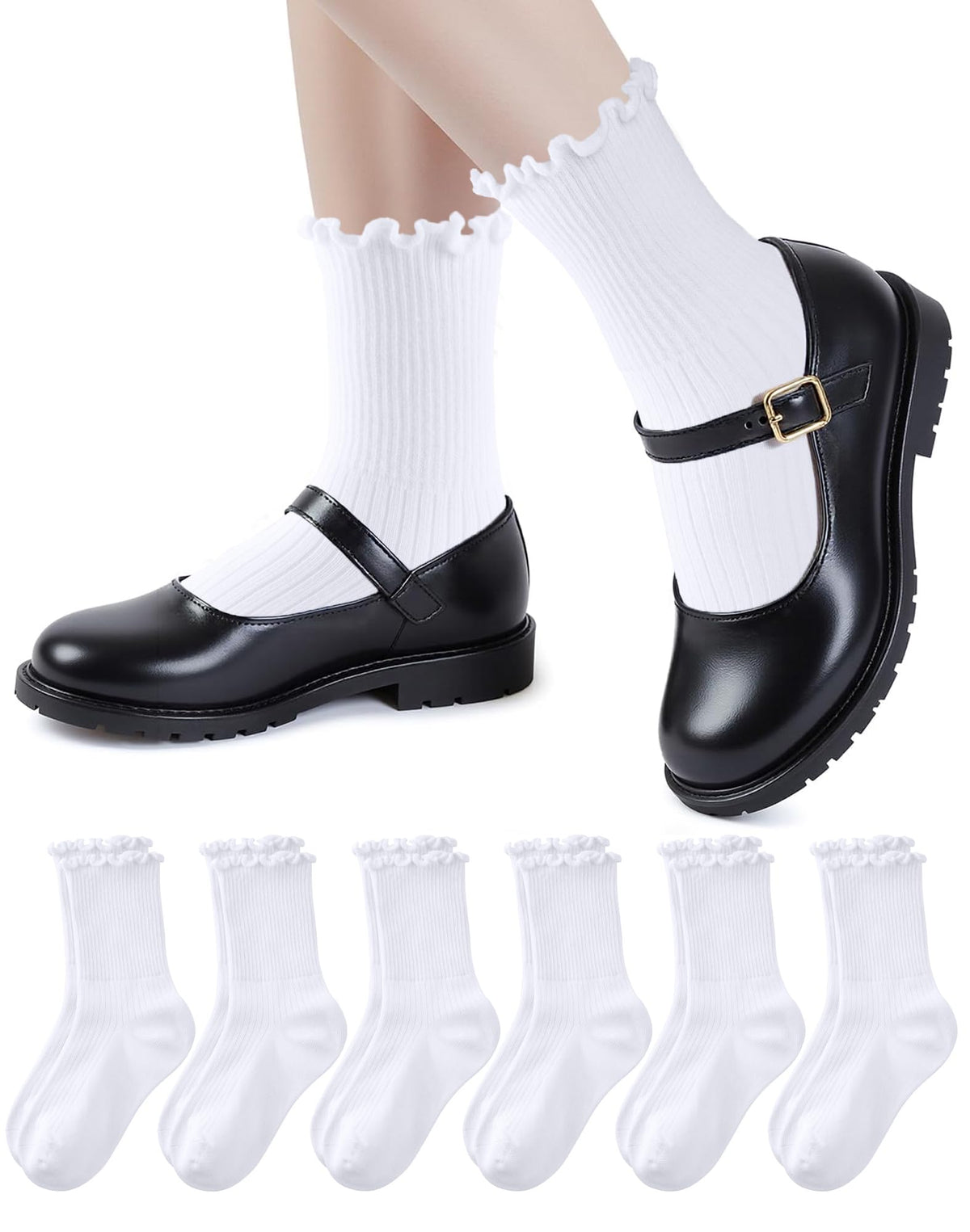 HONGTEYA 6 Pairs Cotton Girls Socks Ruffle Kids Crew Ankle School Uniform