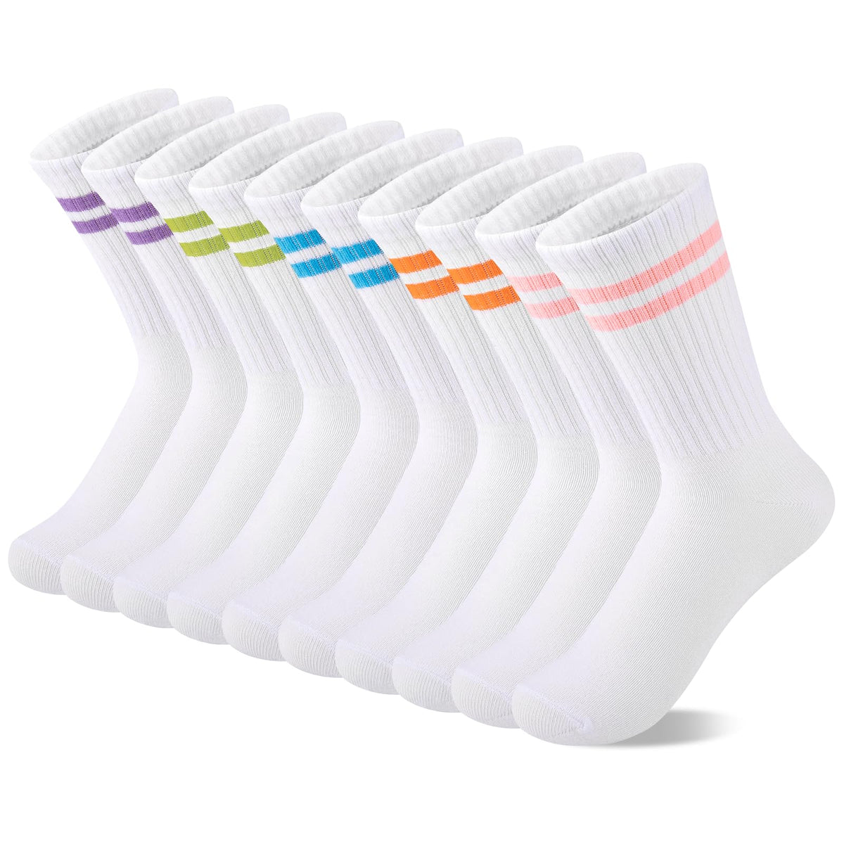 Comfoex 10 Pairs Girls Crew Cotton Socks Athletic Calf Striped Soft Casual Socks For Kids 4-6 6-8 8-10 Years Old
