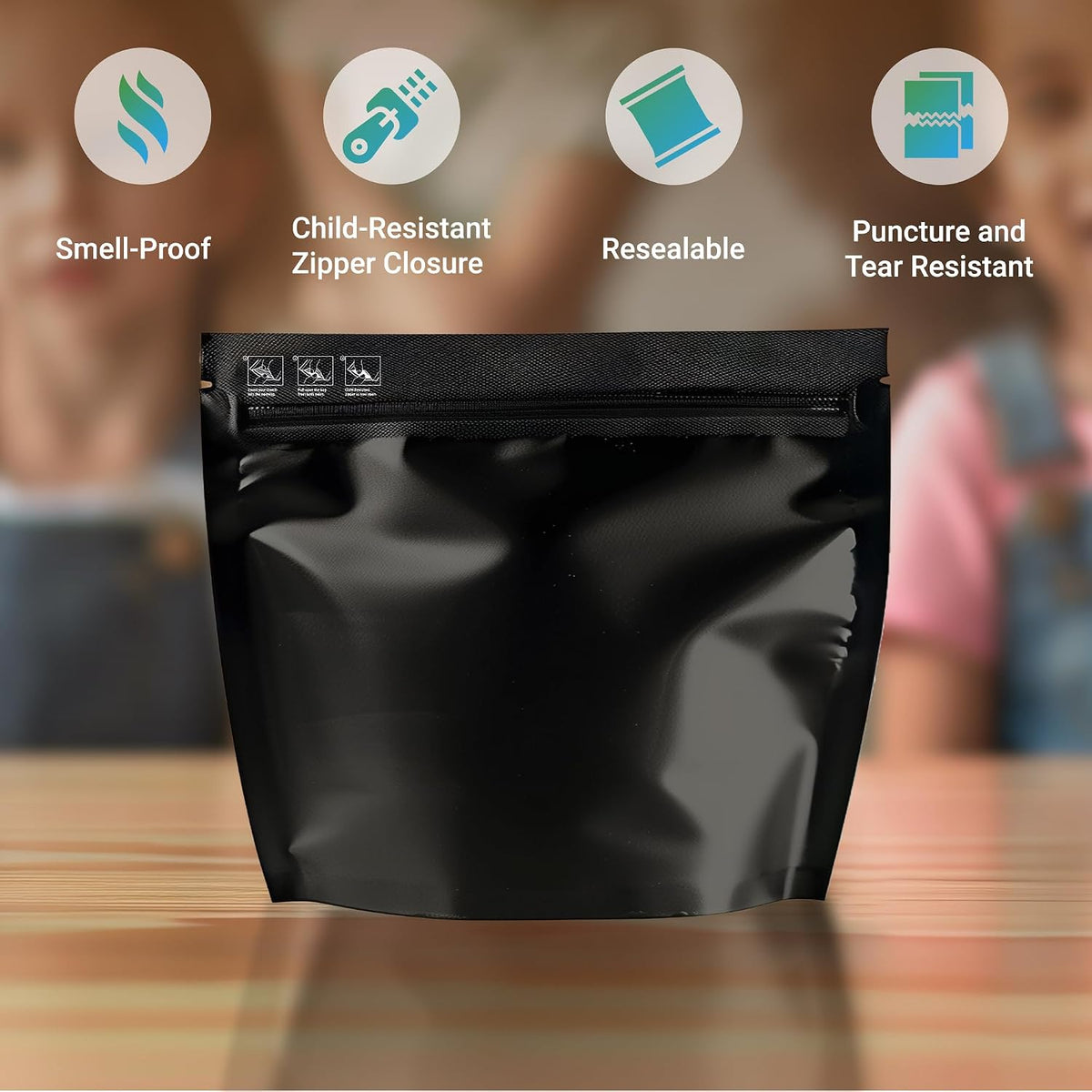 50 Pack Glossy Black 12"x9"x4" Resealable Stand Up Pouch ASTM-D3475 Standard Child Resistant Exit Bags