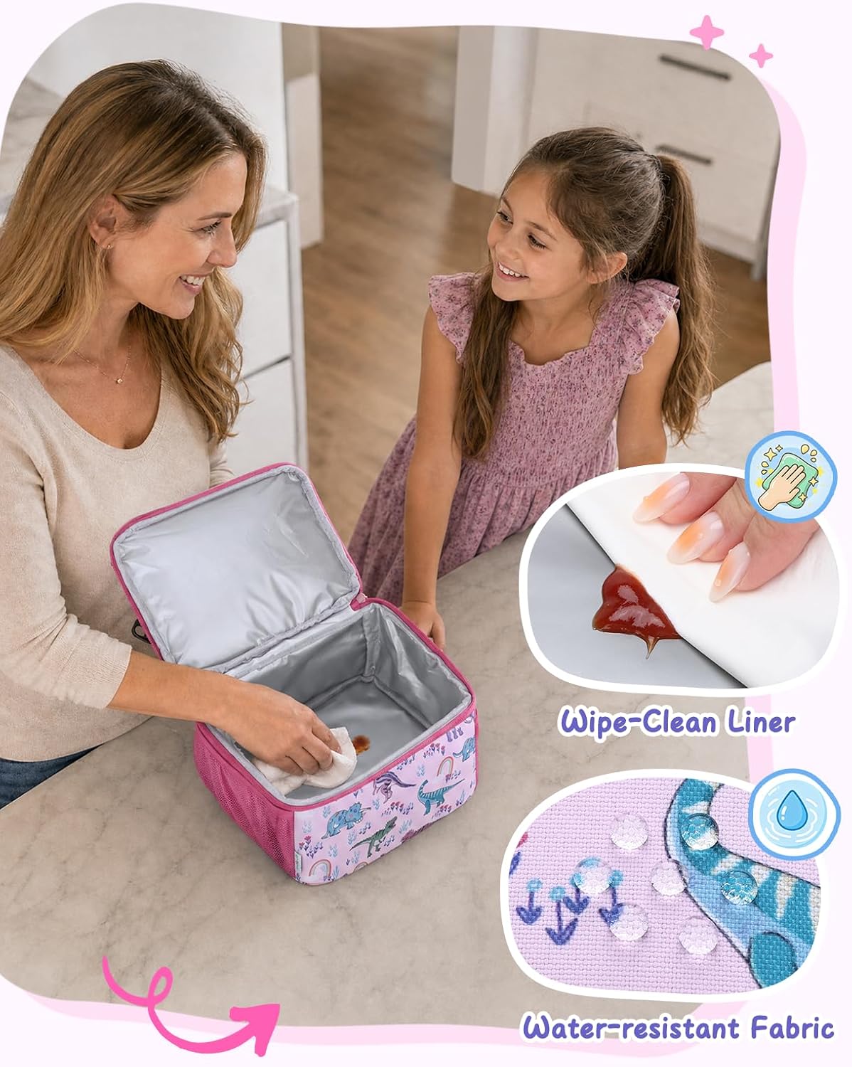 VASCHY Lunch Box Bag for Kids, Insulated Lightweight Lunch Box Tote for Toddler Girls School Daycare Kindergarten Pink Dino Print