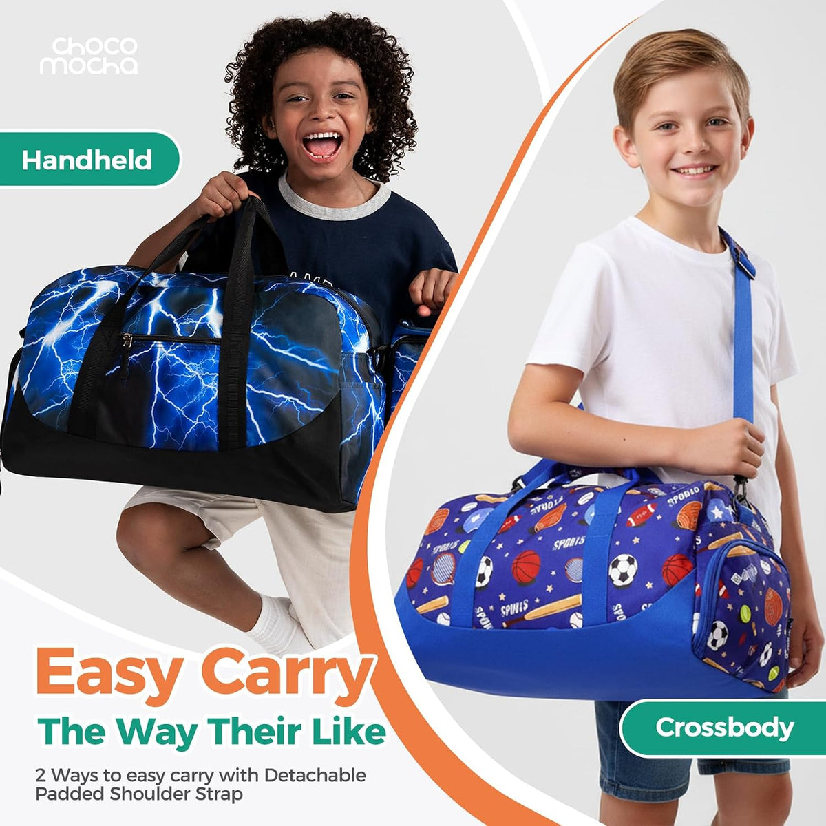 Choco Mocha Kids Duffle Bag, Boys Basketball Overnight Travel Bags for Weekender Kid with Shoes Compartment, Large Sleepover Bag for Gym Blue