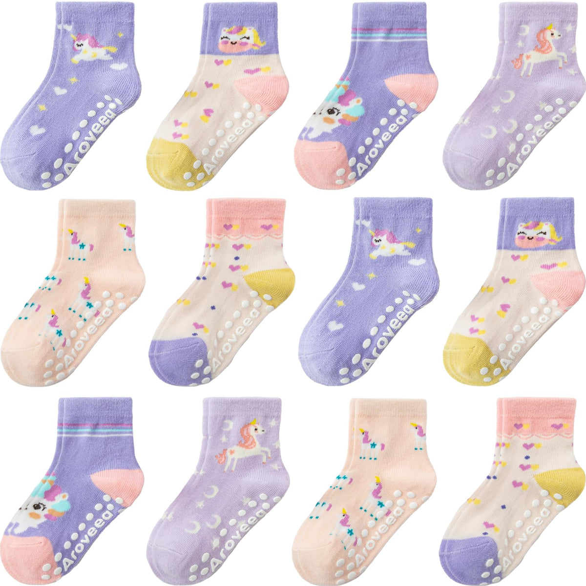 Aroveea Toddler Socks Non Slip Grip Baby Girls Kids Ankle Cute 12 Pack