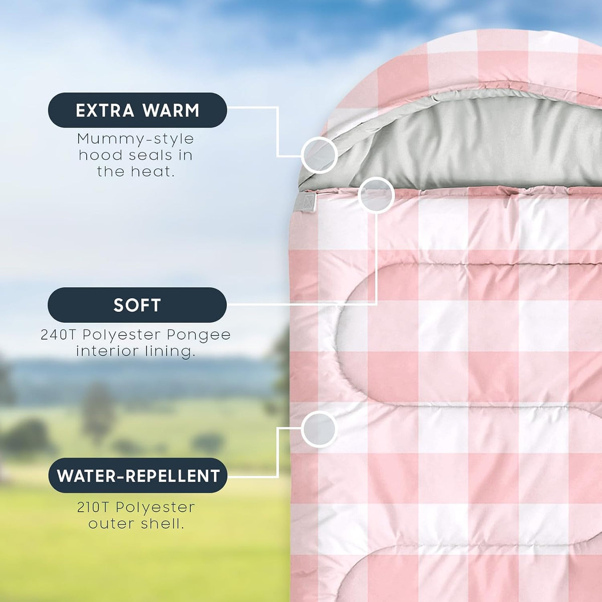 Wake In Cloud - Kids Sleeping Bag for Boys Girls Toddlers, Camping in Warm Cold Weather, Backpacking Lightweight Compact Outdoor Liner for 3 Seasons, Gingham Plaid