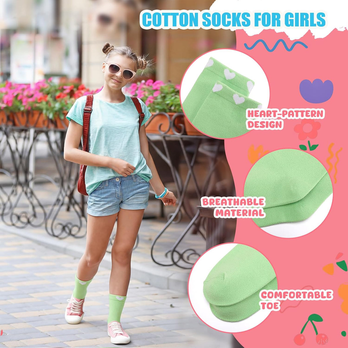 Girls Socks Kids Crew Athletic Socks with Hearts for 9-13 Years