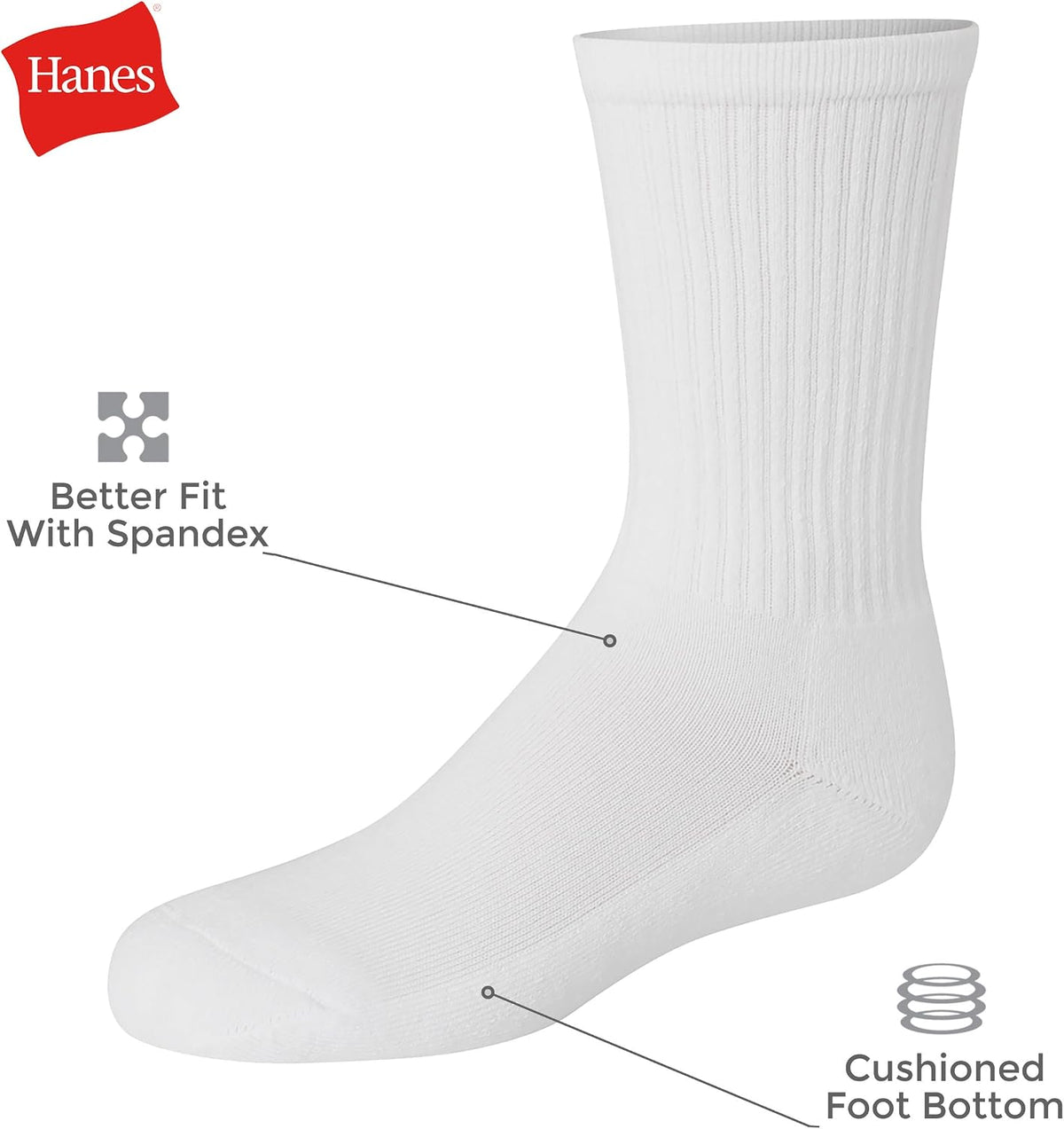 Hanes Girls' White Crew, Ankle & No Show Socks Pack, Cushioned Socks, Uniform Socks for Girls, 12-pairs