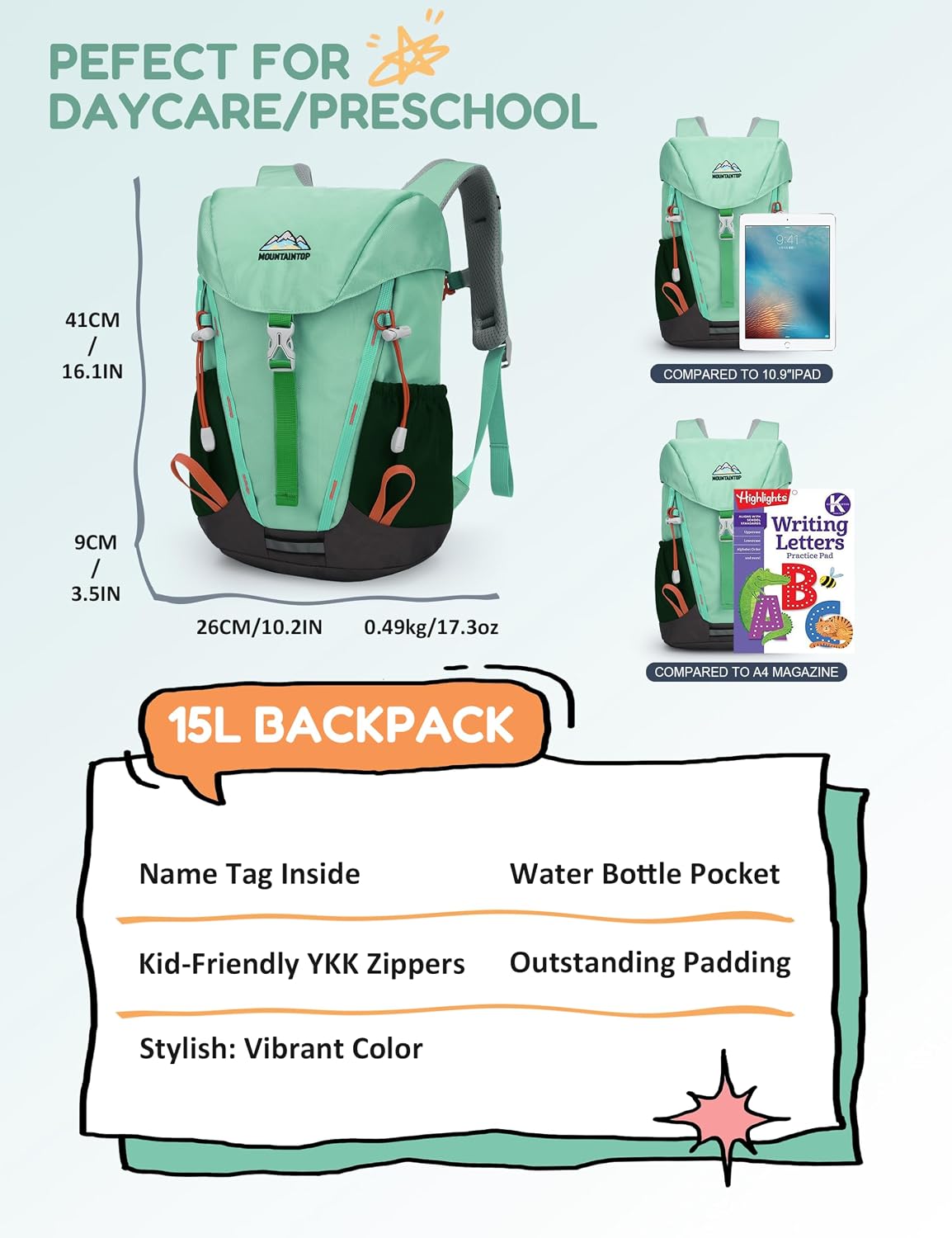 MOUNTAINTOP 15L Kids Backpack for Boys & Girls 5-8,Children´s Bag