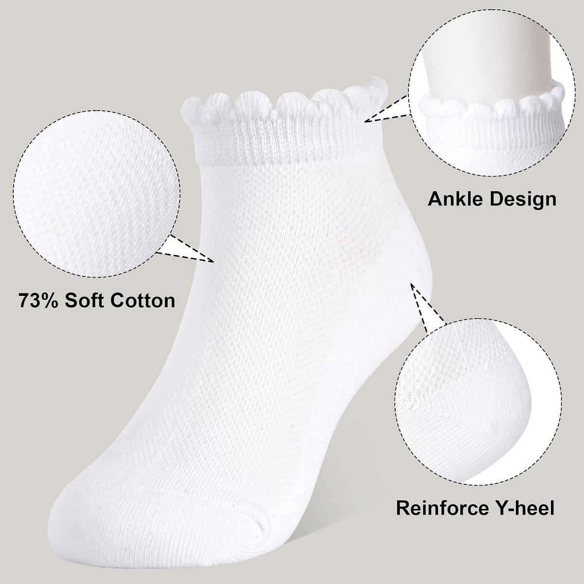 Girls Socks, 6 Pairs White Ruffle Socks for Girls (1-12 Years)