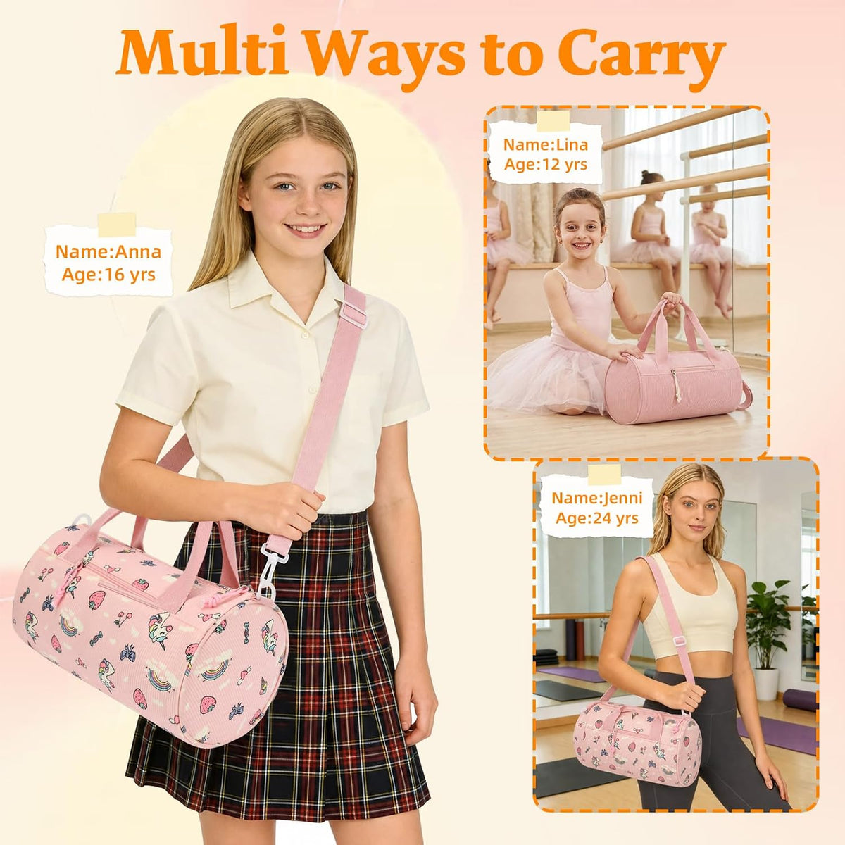 Dance Bag for Girls, Dance Duffel Bags Gym Ballet Bag -14IN Pink Unicorn