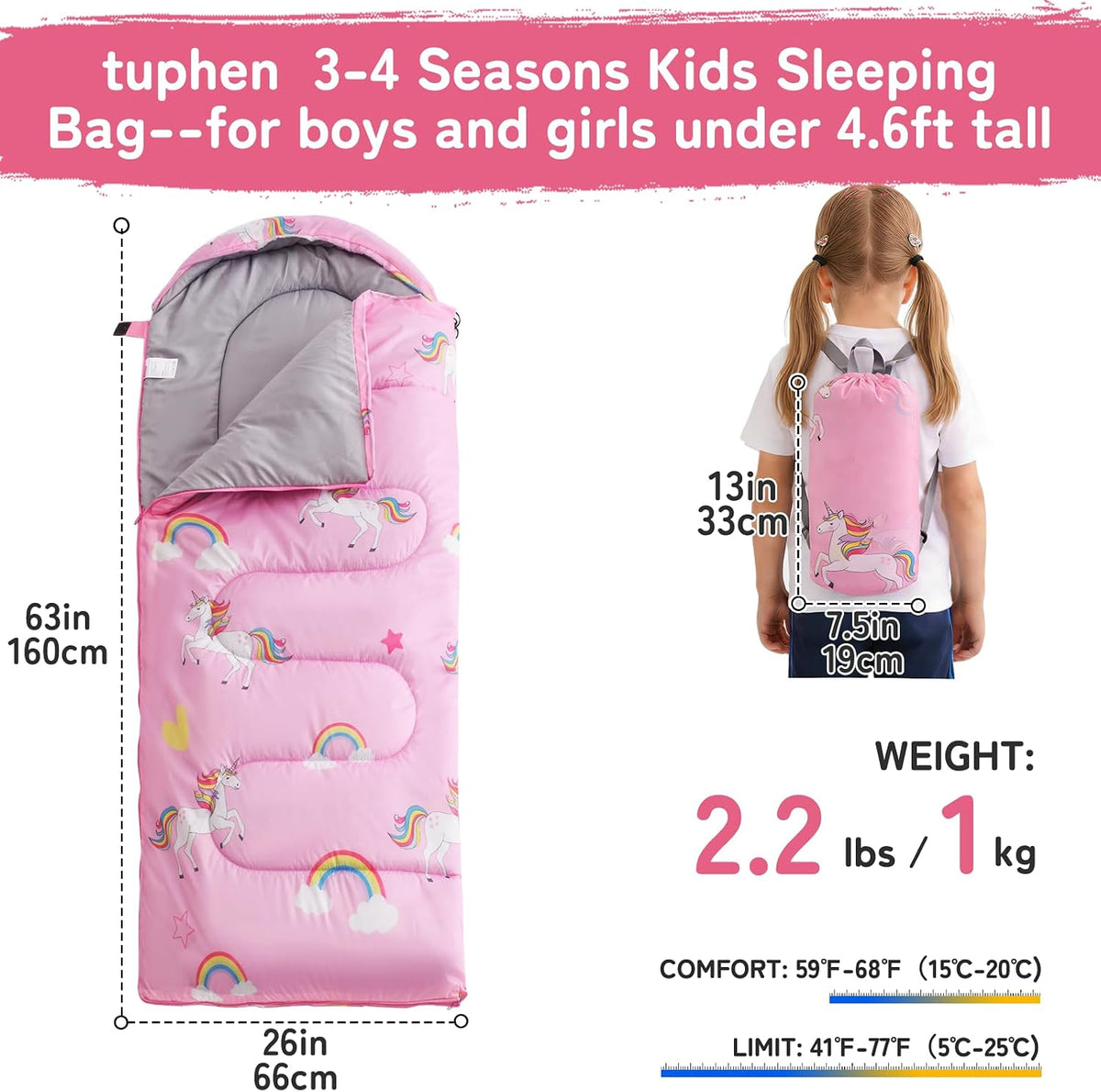 tuphen Kids Sleeping Bag - 50-77℉ 3-Season Waterproof Sleeping Bag for Boys & Girls, Lightweight 2.2 lbs Camping Gear with Compression Bag Ideal for Camping, Hiking, Indoor