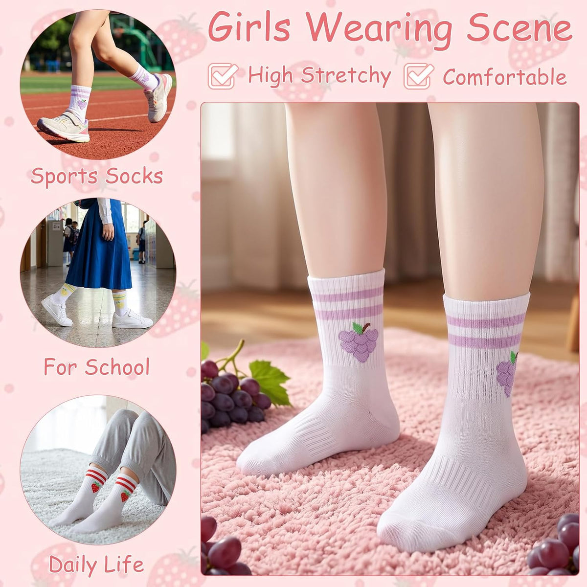 6 Pairs Girls Athletic Cotton Socks Fruits Heart Crew Socks