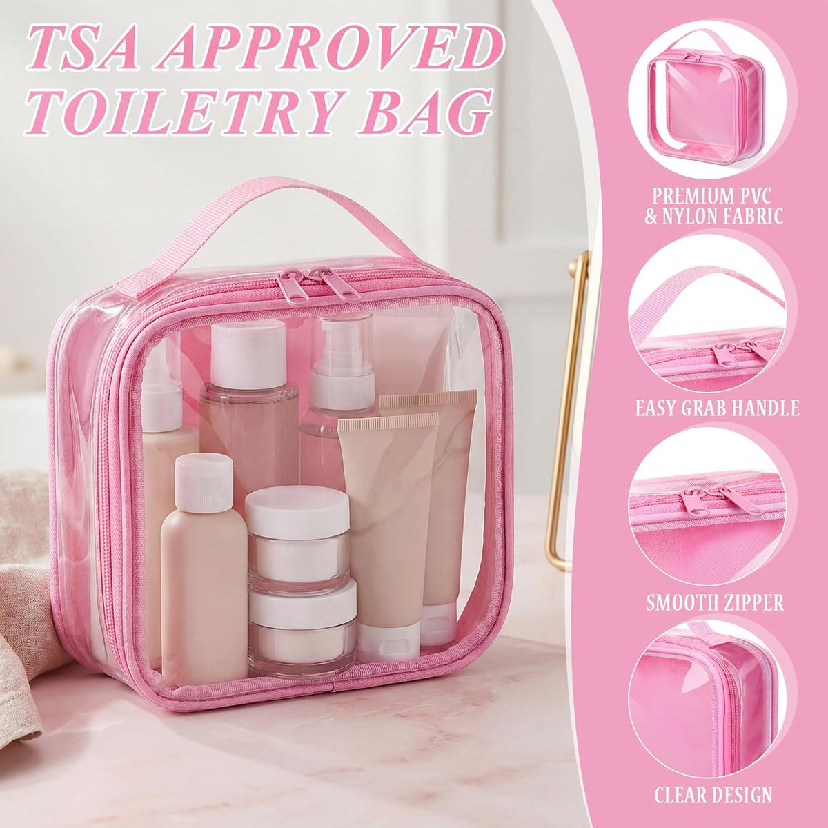 Abbylike 6 Pcs Clear Toiletry Bags Travel Bags Small Clear Makeup Bag with Handle Quart Size Travel Pouches with Zipper for Airport Security Car Organizer Bag for Women Girls(Pink)