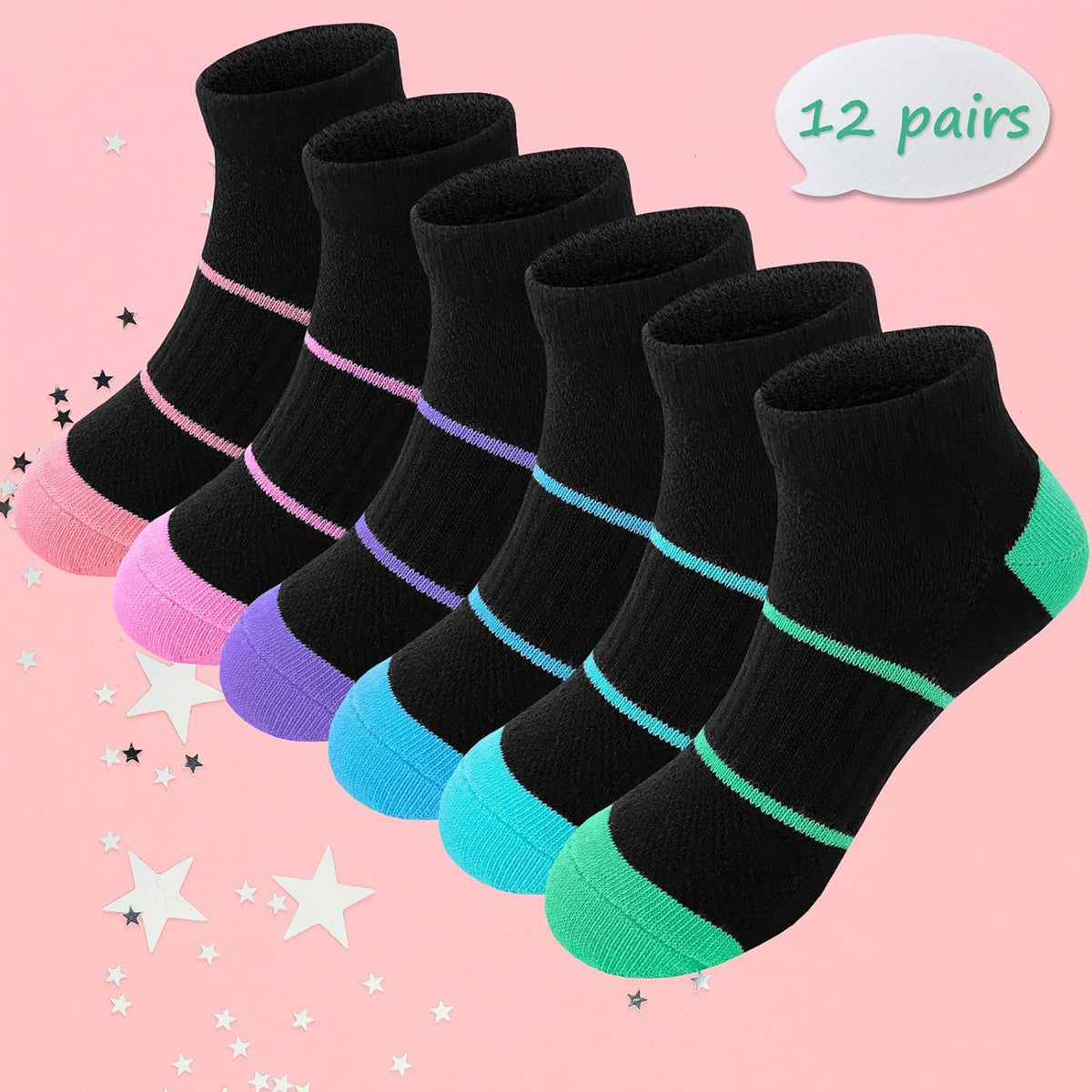 Bemeol Girls Socks 12 Pairs Ankle Socks Girls Low Cut Athletic Sock for Little Big Kids
