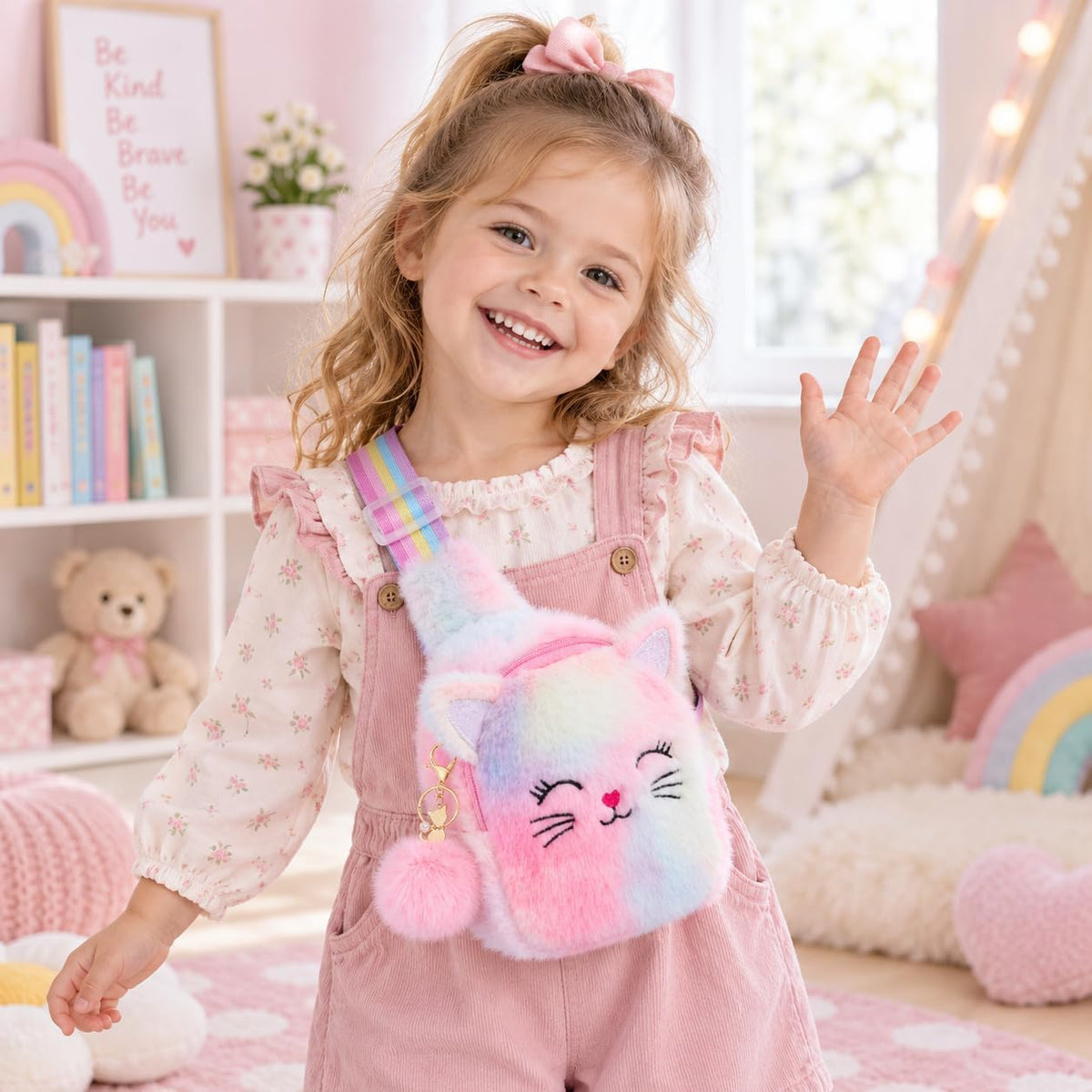 Girls Plush Cat Sling Bag, Crossbody Bag for Kids Mini Purse toddlers
