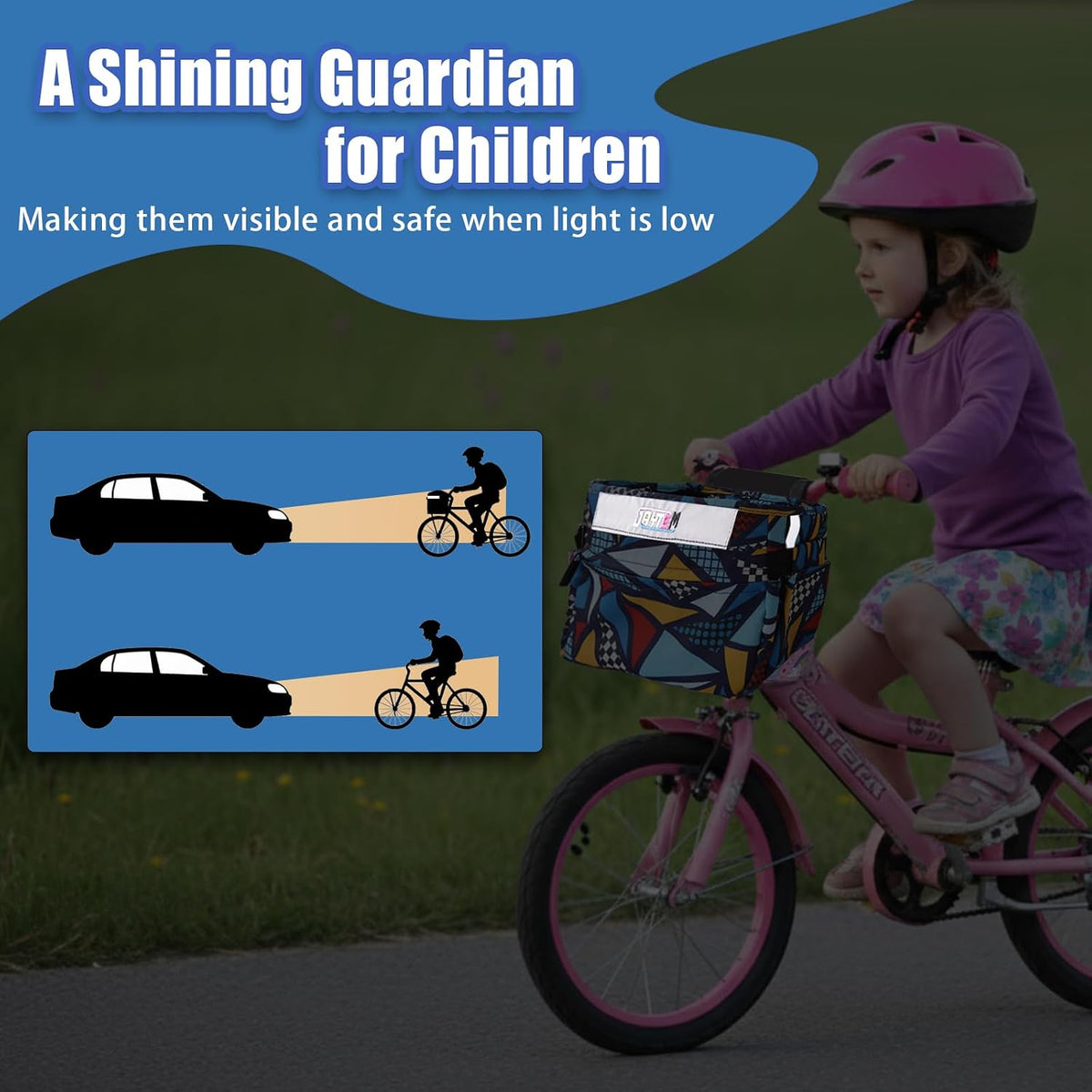 Kids Bike Basket, Bike Basket Front Frame Handlebar Bag, Waterproof Bicycle Basket Bag with Zipper Closure & Reflective Straps Fit Most Toddlers Bike, Tricycle or Scooter