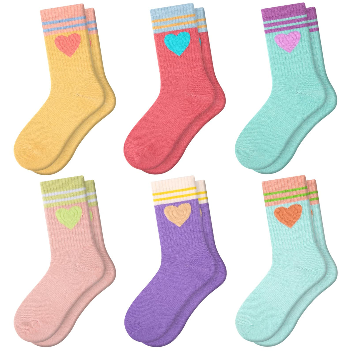 Comfoex Girls Socks Crew Cotton Casual Soft Athletic Socks For Kids 4-6 6-8 8-10 Years Old 6 Pairs