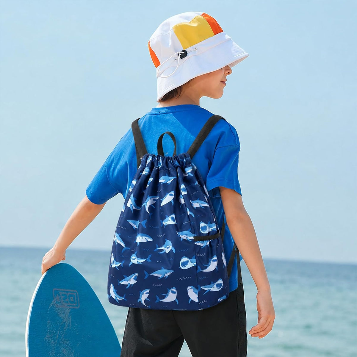 Children Boy Girl Ocean Shark Print Drawstring Backpack Outdoor Casaul Portable Shoulder Bag Swim Gymsack Sack Pack Dark Blue