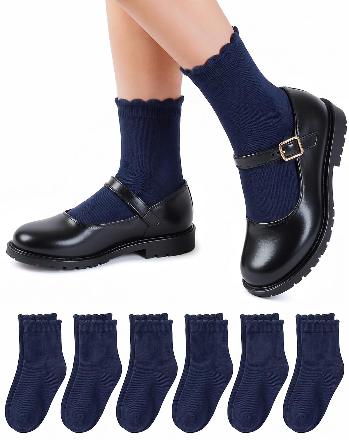 HONGTEYA 6 Pairs Cotton Girls Socks Ruffle Kids Crew Ankle School Uniform