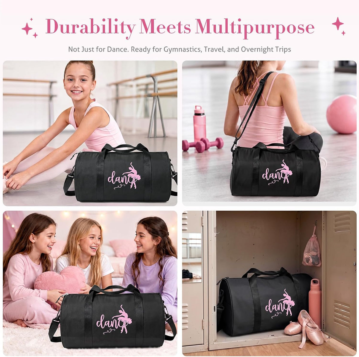 Small Dance Bag for Girls, 8L Lightweight Waterproof Duffle Ballet Bag with Shoulder Strap, Small Gymnastics Overnight Tote Bag for Ballet, Gym, Cheer, Travel - Black