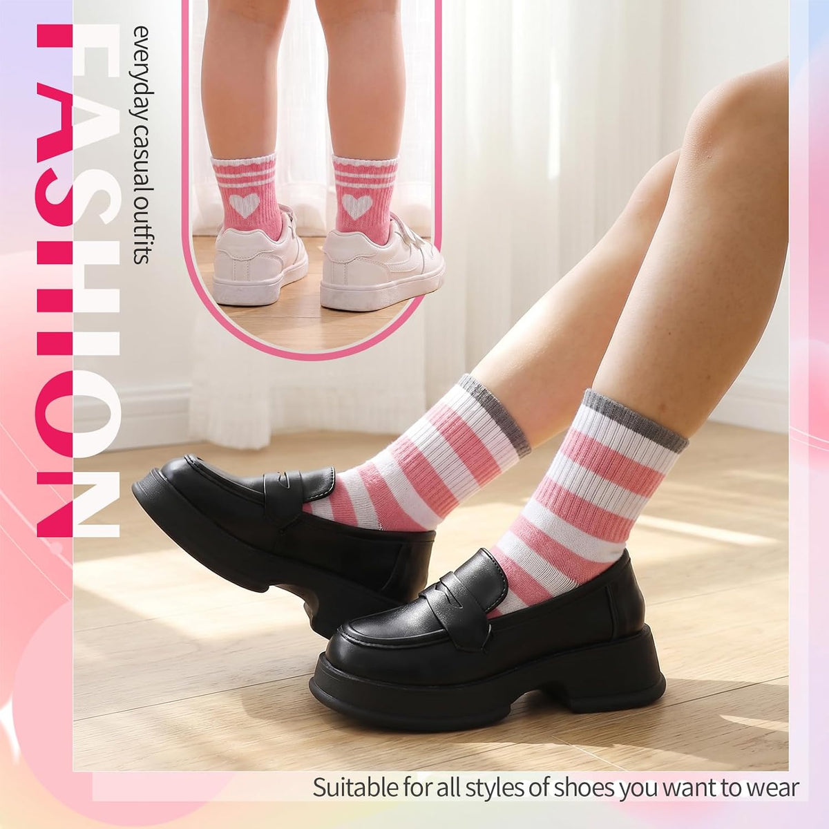 9 Pcs Girls Crew Socks, Cotton Striped Heart Kids Athletic Socks
