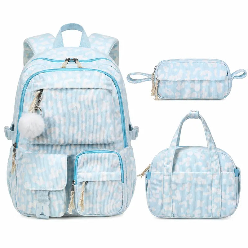 Similove Corduroy Floral Casual Printed Backpack Set - 3-Pocket Kawaii 3/4PCS Bundle with Lunch Bag, Pencil Case, Water Bottle, Lightweight School Supplies for Preschoolers, Daily Carry Book Bag