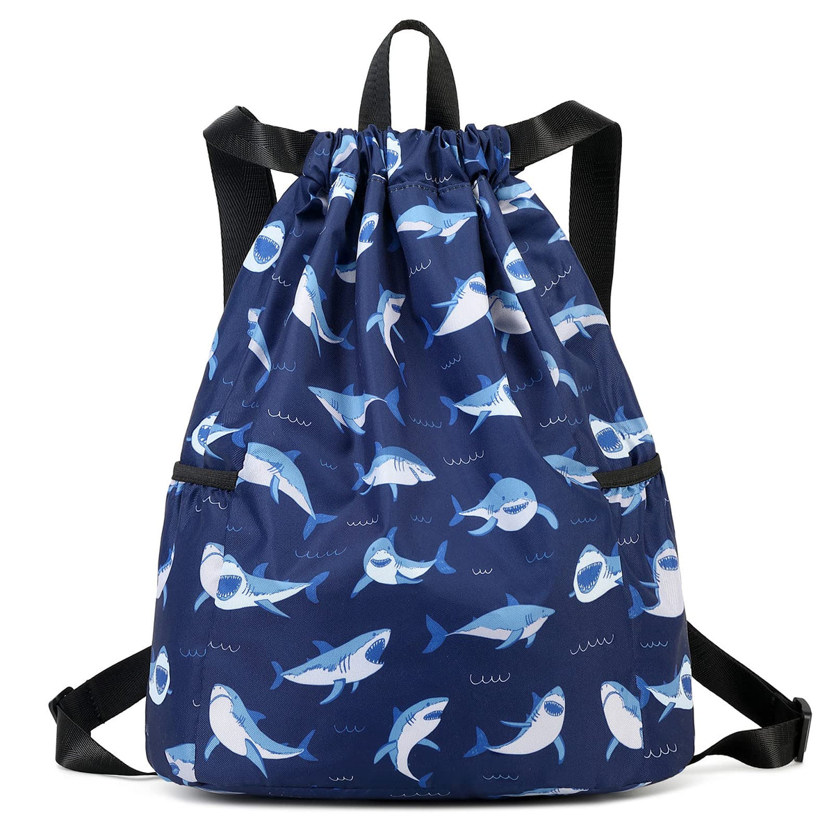 Children Boy Girl Ocean Shark Print Drawstring Backpack Outdoor Casaul Portable Shoulder Bag Swim Gymsack Sack Pack Dark Blue