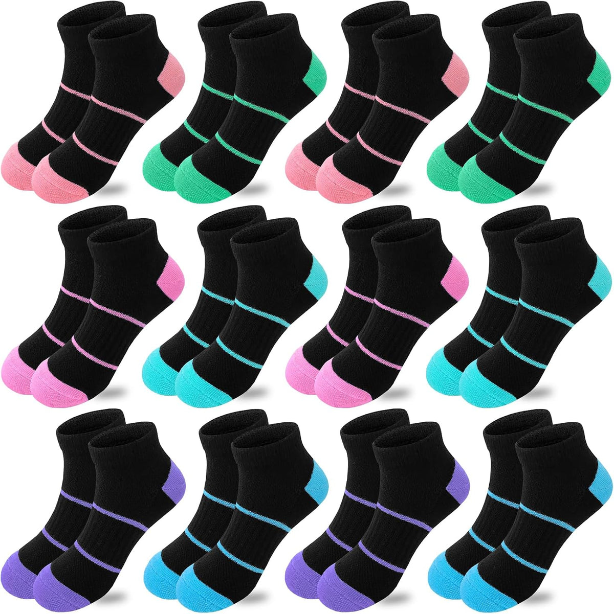 Bemeol Girls Socks 12 Pairs Ankle Socks Girls Low Cut Athletic Sock for Little Big Kids