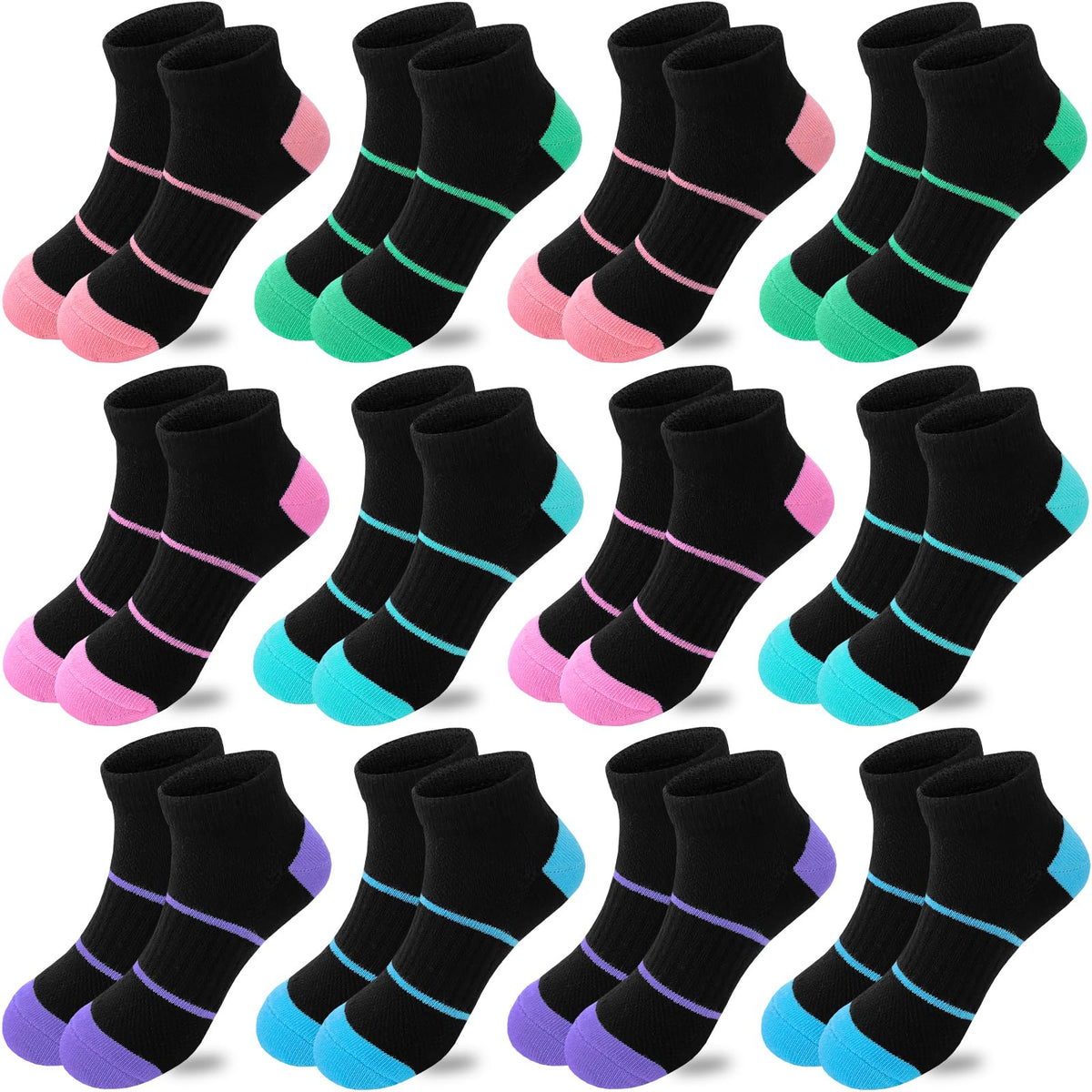 Bemeol Girls Socks 12 Pairs Ankle Socks Girls Low Cut Athletic Sock for Little Big Kids