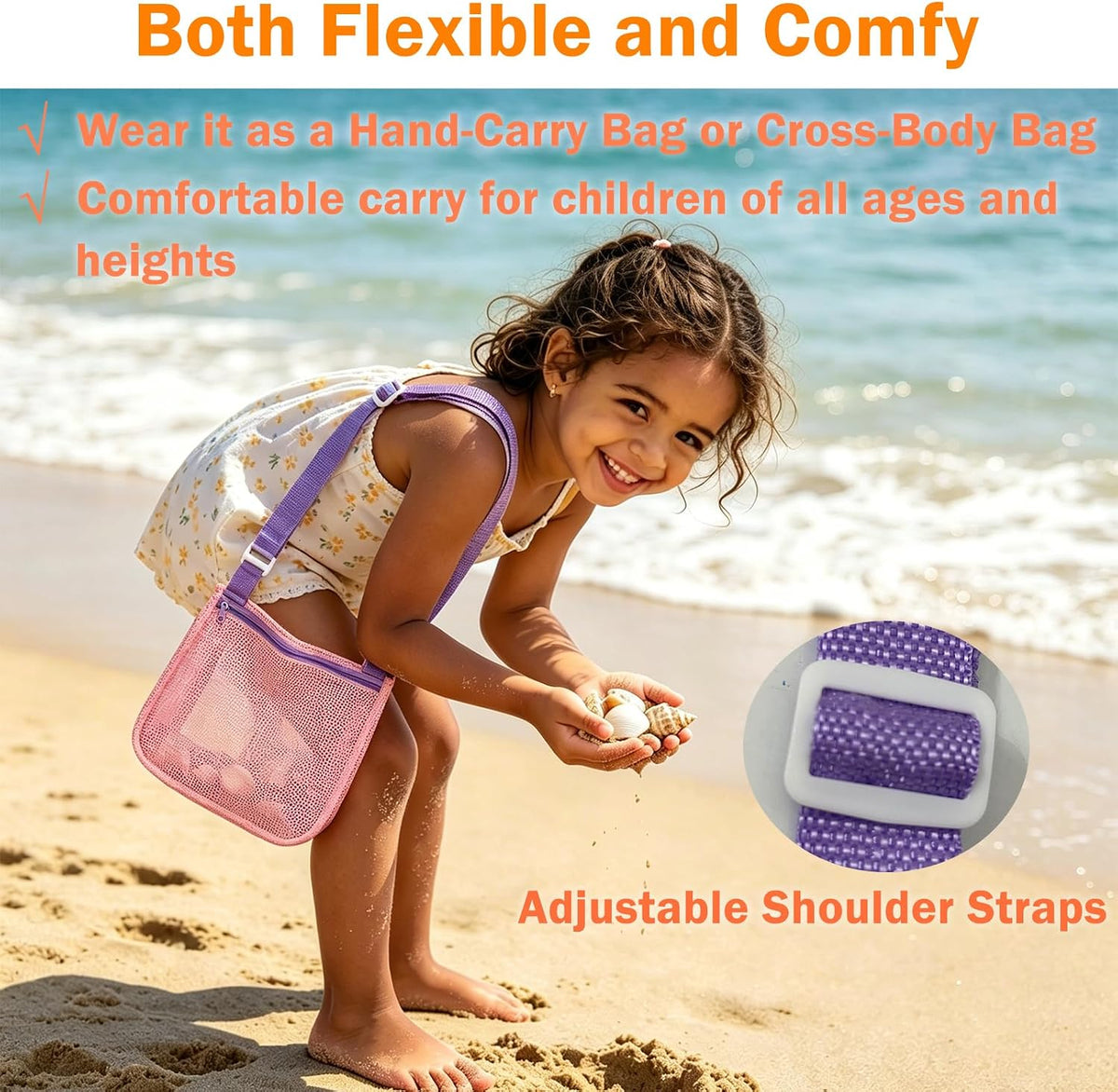 Pack of 3 Shell Collecting Bag, Mesh Shelling Bag for Beach, Adjustable Kids Sea Shell Bags, Quick Dry Shelling Bags for Seashell Sand Toy Swimming Accessories (7.9 * 9.4in)