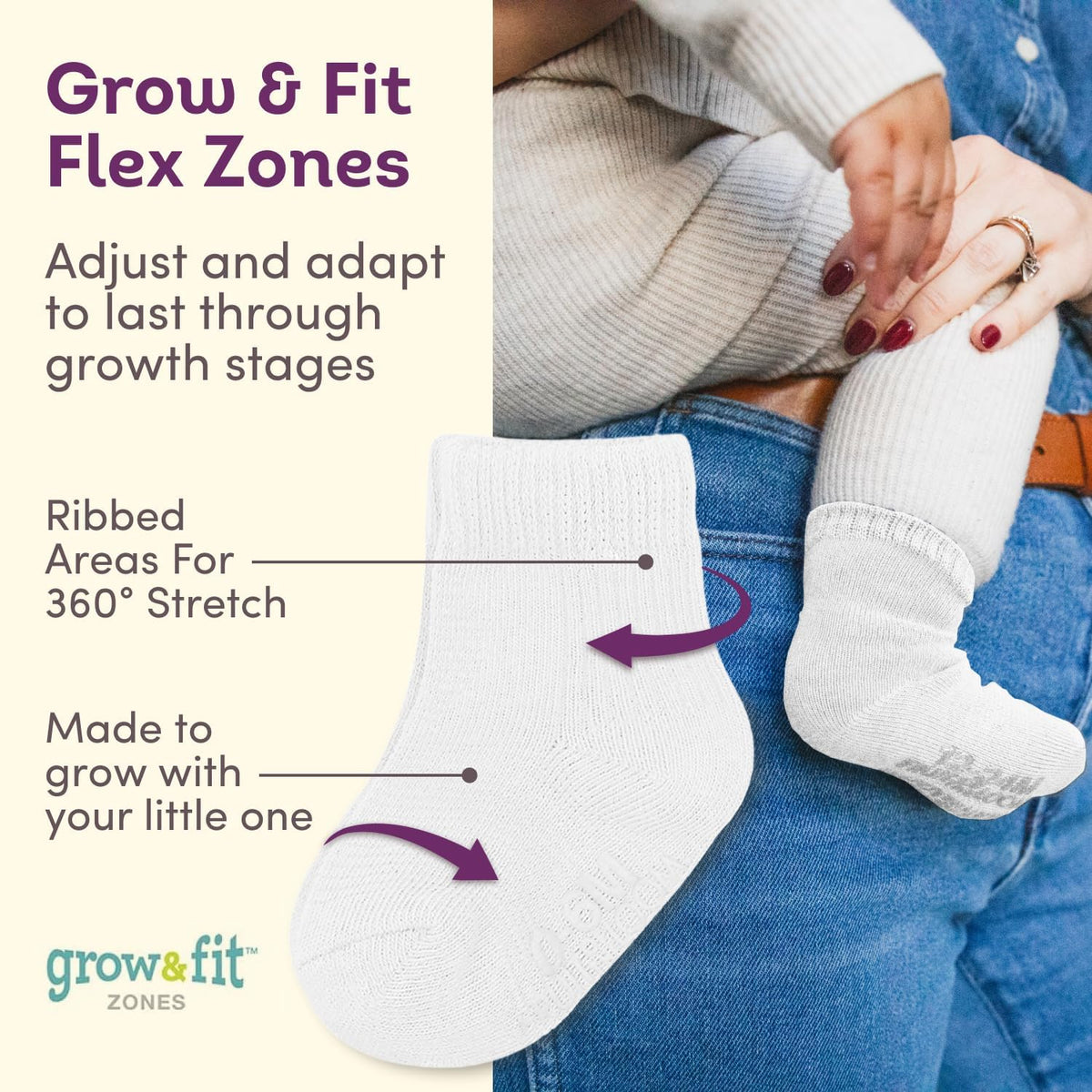 Fruit of the Loom Baby & Toddler Grow & Fit Flex Zones Cotton Stretch Socks - Unisex, Girls, Boys