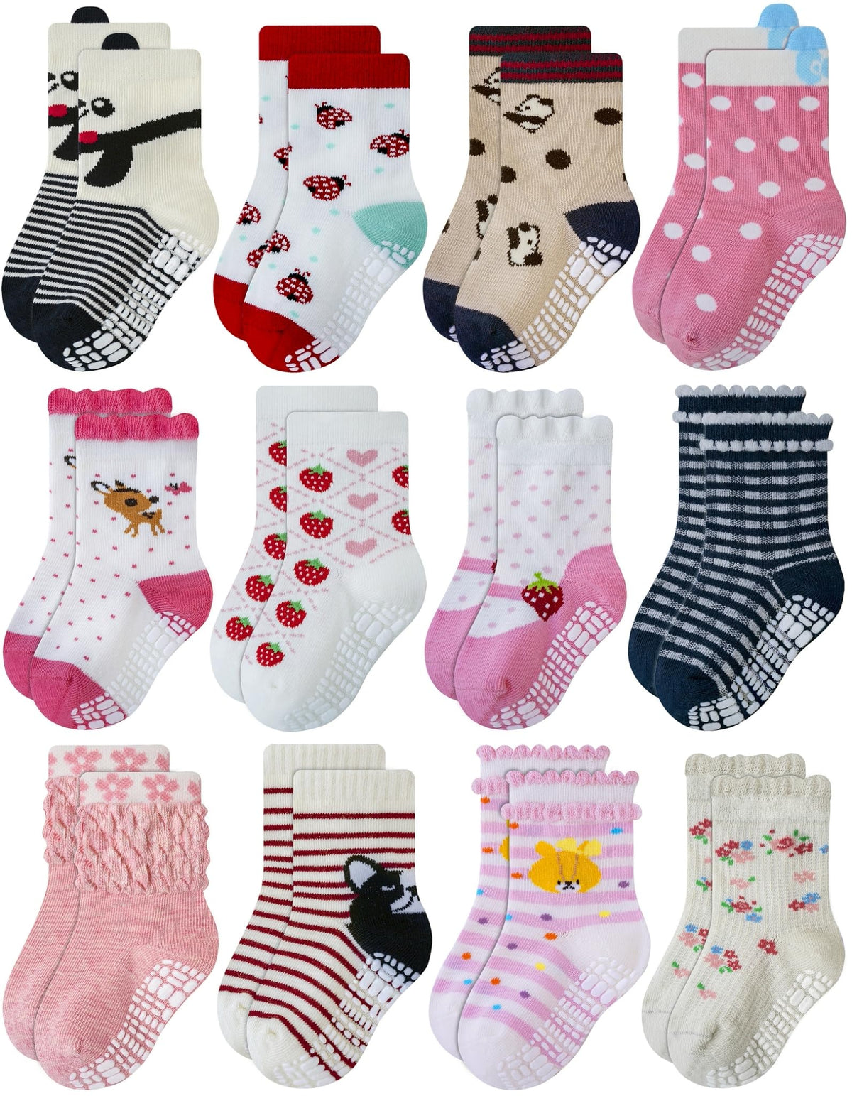 RATIVE Baby Girl Non Slip Grip Socks 12-Pack Soft Cotton Toddler Girl Socks
