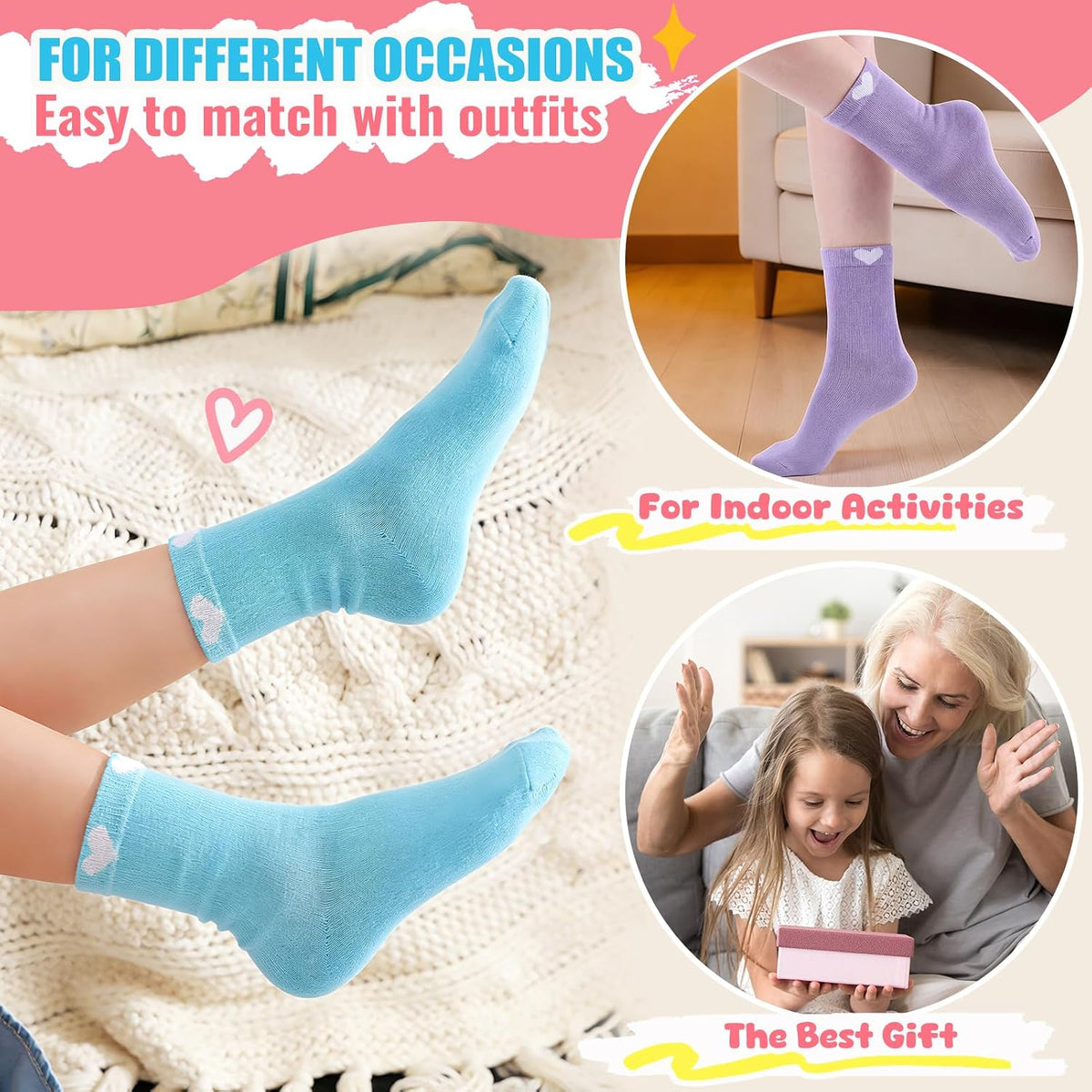 Girls Socks Kids Crew Athletic Socks with Hearts for 9-13 Years