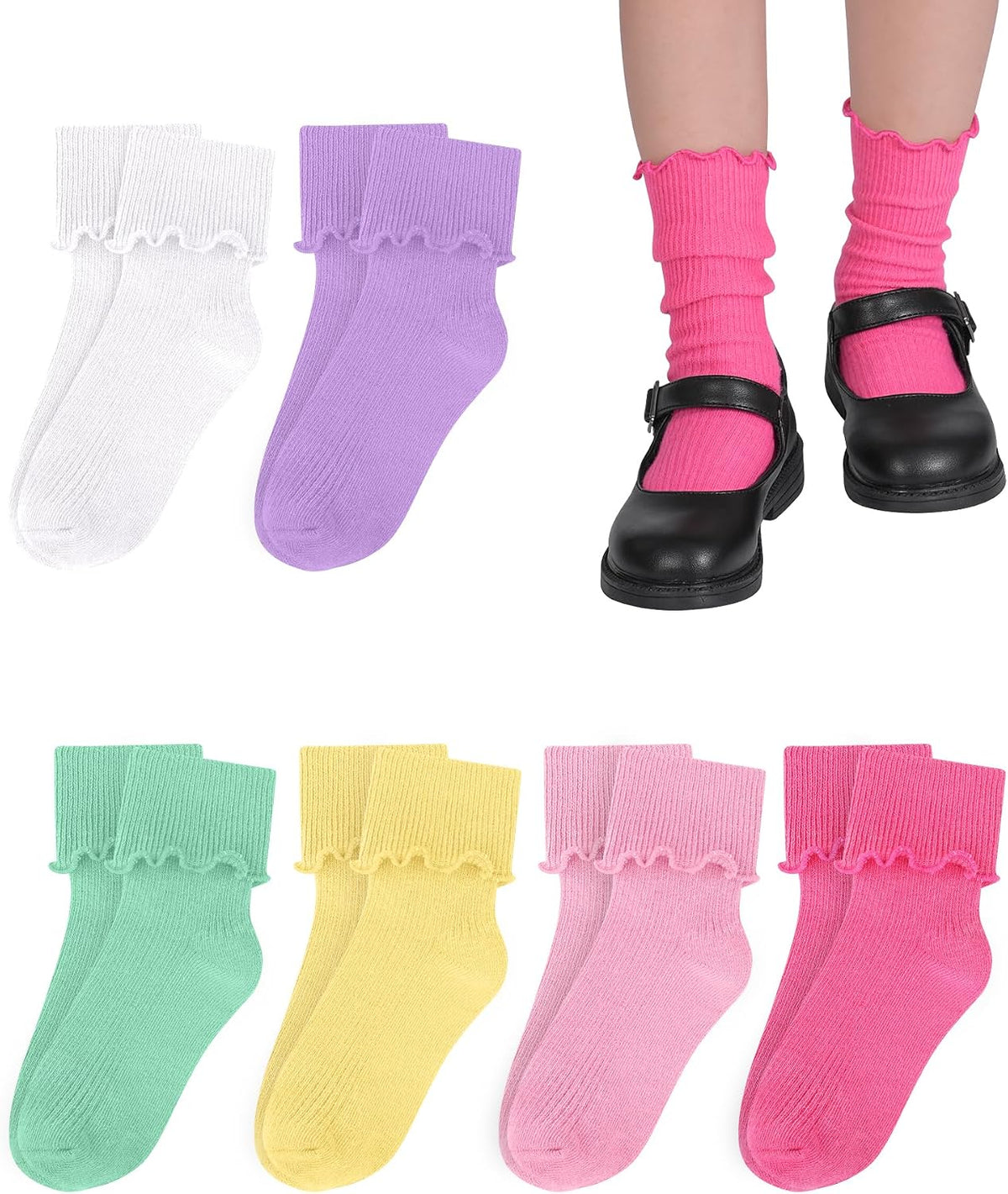 Witwot Ruffle Socks for Girls Kids Toddler Turn Cuff Dress School Uniform Sock