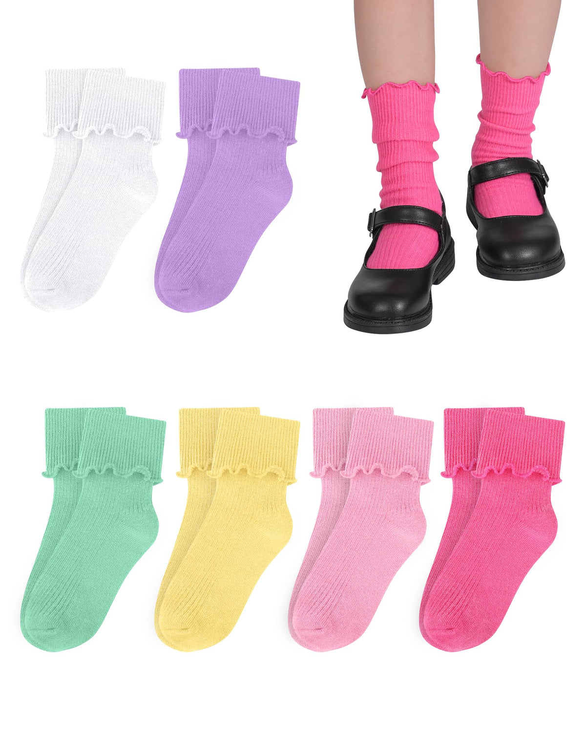 Witwot Ruffle Socks for Girls Kids Toddler Turn Cuff Dress School Uniform Sock