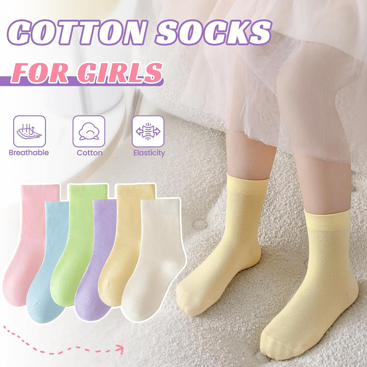 Eocom Girls Socks Little Kids Crew Socks Cotton Cute Youth Dress Socks 6 Pairs