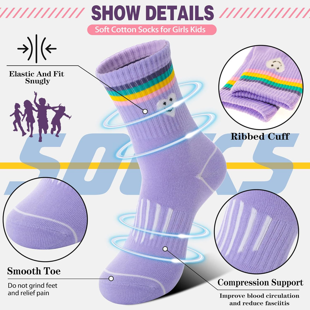 Sandsuced 6 Pairs Girls Kids Socks Athletic Basketball Sport Crew Youth Cotton Soft Breathable Socks for Outdoor