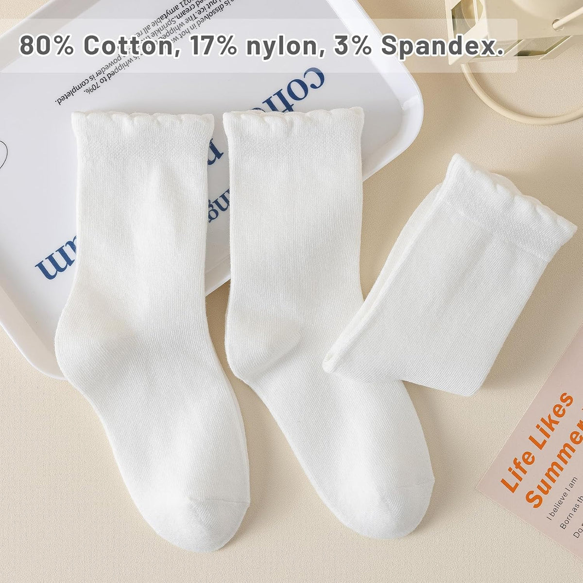 ANYANIME 6 Pair Girls White Dressy Textured Short Socks Scallop Top Design