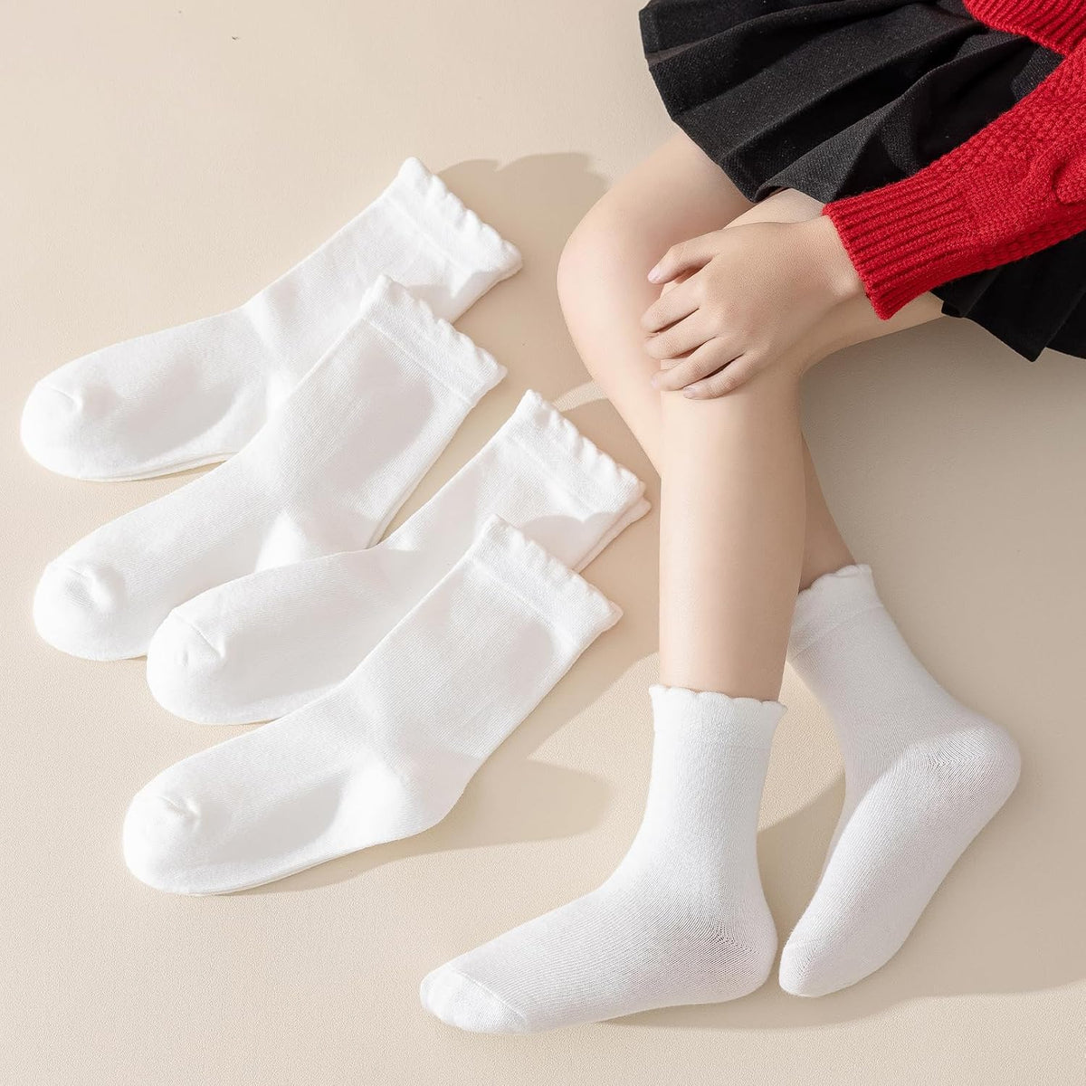 ANYANIME 6 Pair Girls White Dressy Textured Short Socks Scallop Top Design