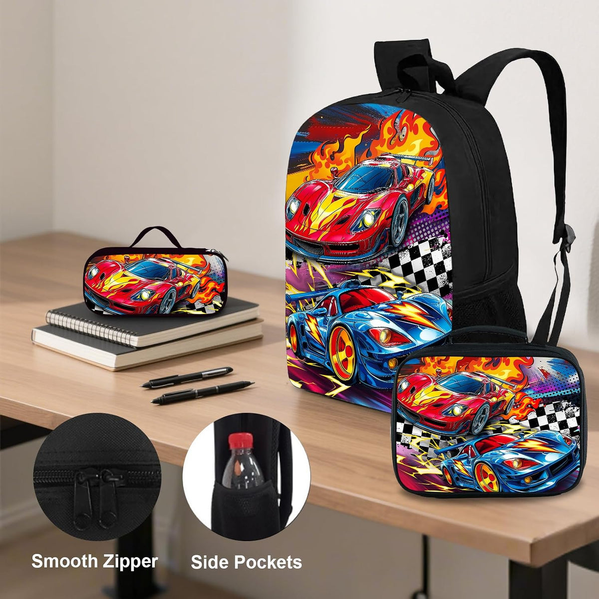 3PCS Car Backpack for Boys 17 Inch Kids Bookbag for School with Lunch Box and Pencil Case, Reusable School Backpacks Set for Kids Children Teens Elementary