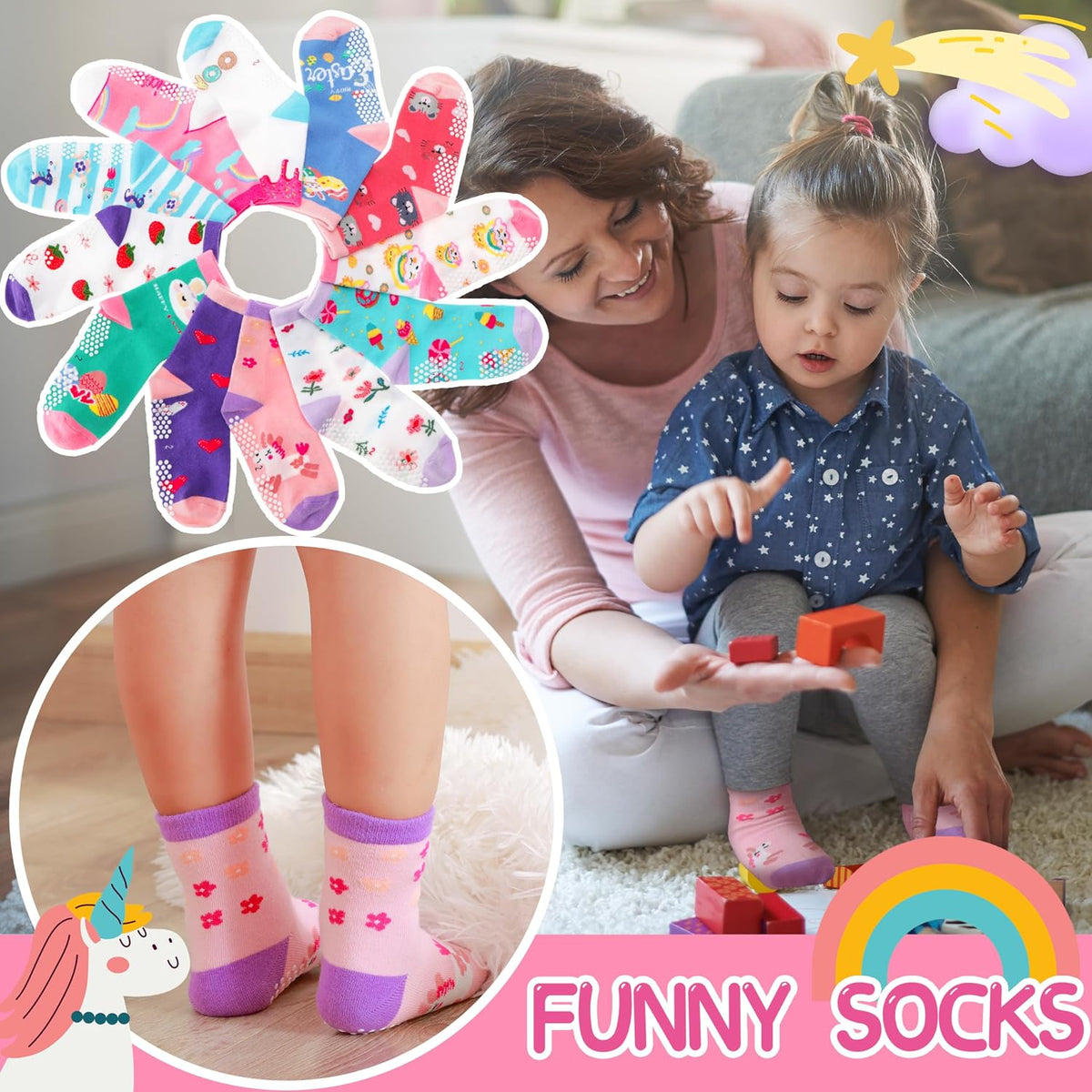 Welwoos Baby Girls Toddlers Grips Socks 12 Pairs Kids Anti Slip Non Skid Animal Funny Cartoon Crew Breathable Cotton Socks