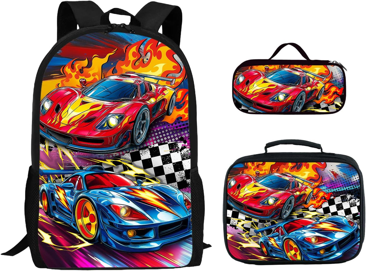3PCS Car Backpack for Boys 17 Inch Kids Bookbag for School with Lunch Box and Pencil Case, Reusable School Backpacks Set for Kids Children Teens Elementary