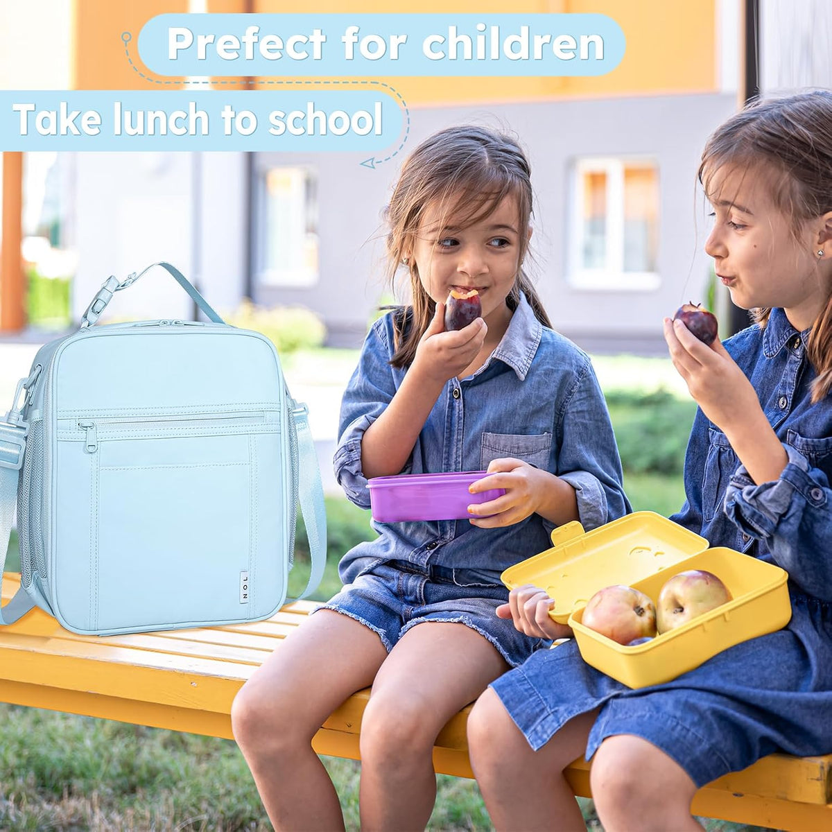 NOL Lunch Bag for Children Adult Insulated Lunch box Waterproof Cooler Reusable Zip Closure with Buckle Handle Holds for Snacks & Water Bottle School Work, Light blue
