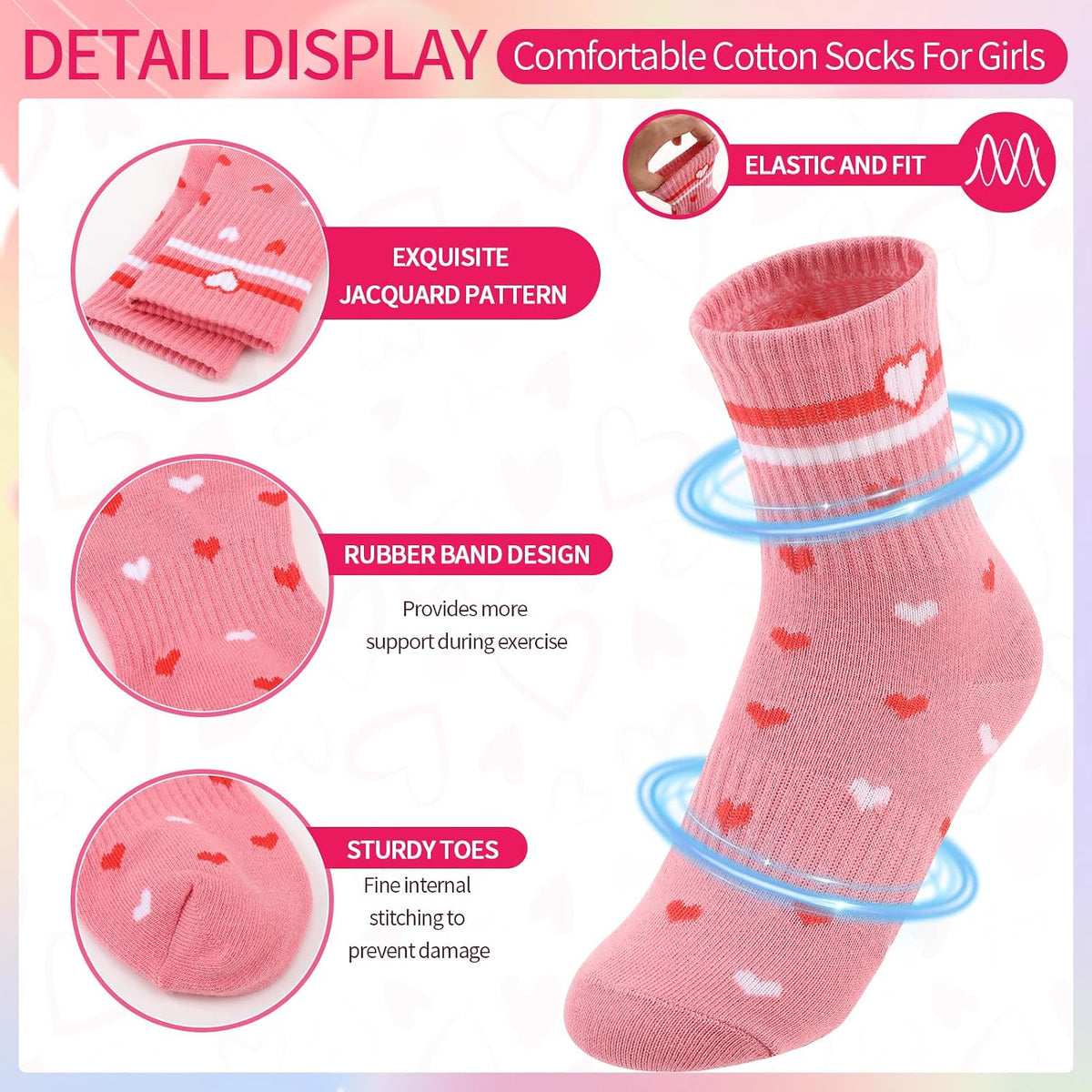 9 Pcs Girls Crew Socks, Cotton Striped Heart Kids Athletic Socks