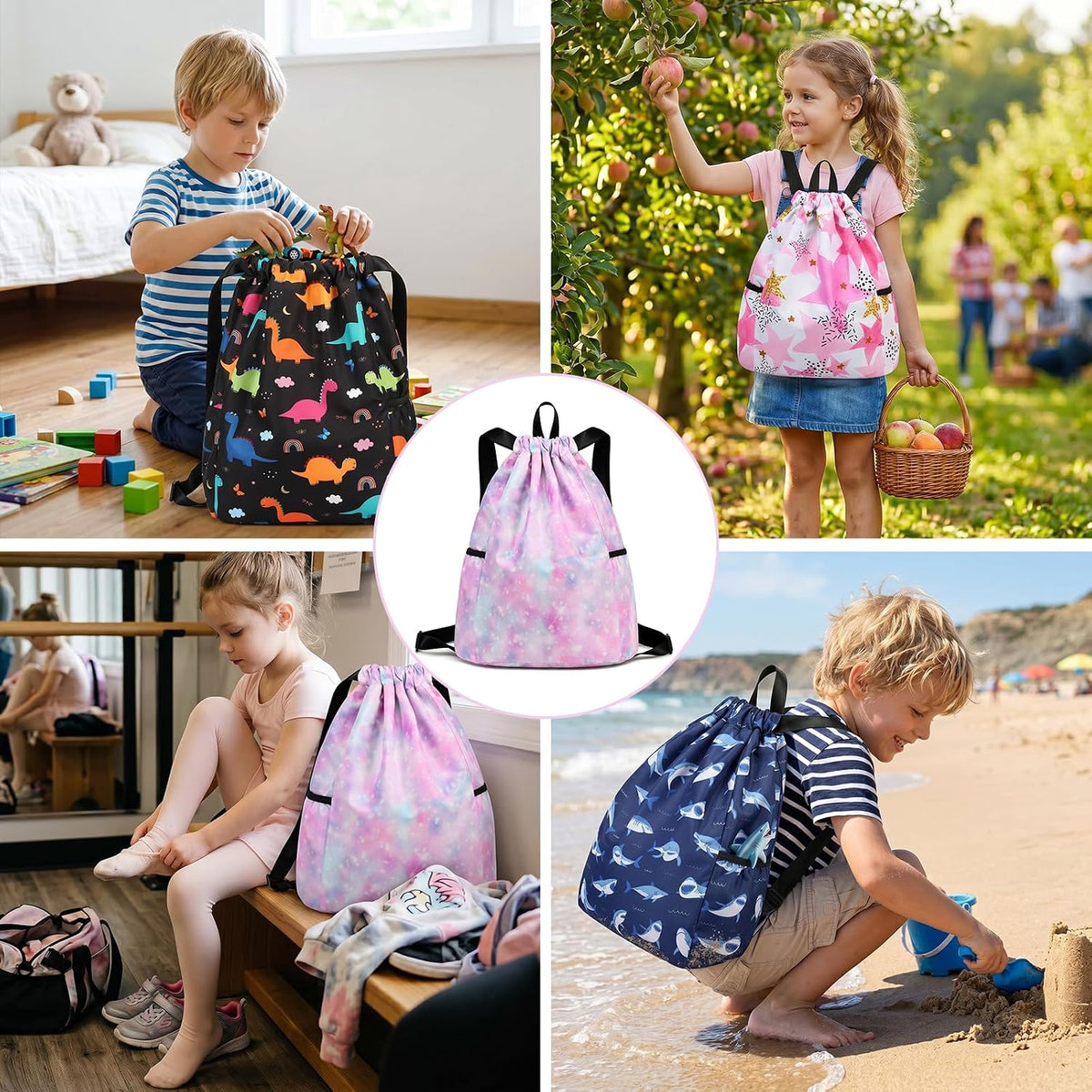 Children Boy Girl Ocean Shark Print Drawstring Backpack Outdoor Casaul Portable Shoulder Bag Swim Gymsack Sack Pack Dark Blue