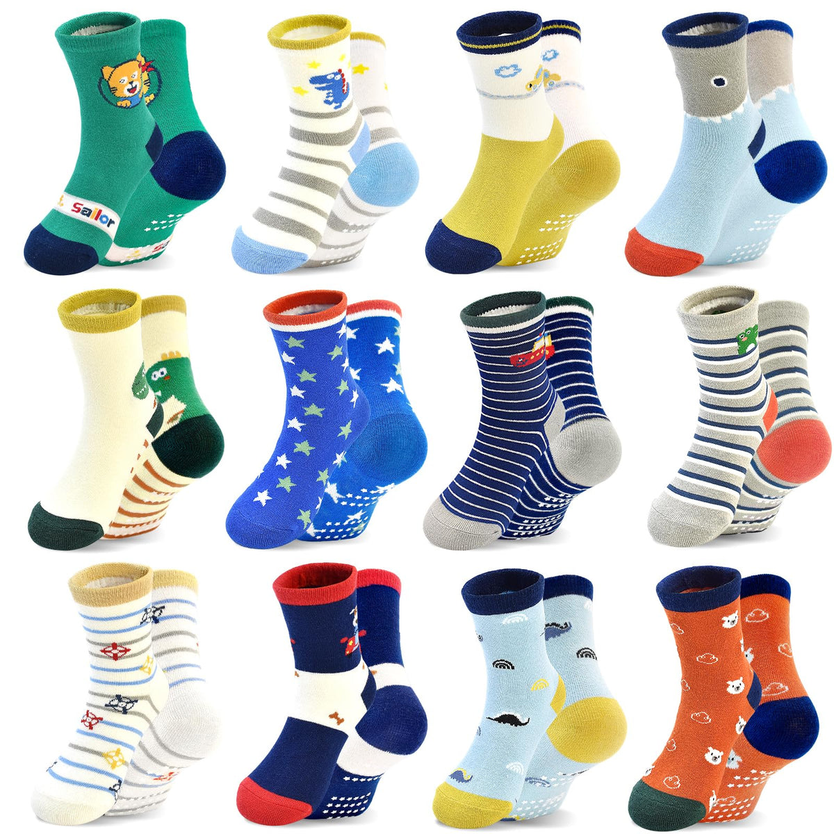 HYCLES 12 Pairs Toddler Socks, Non-Slip Cartoon Crew Grip Socks, 0-7 Years