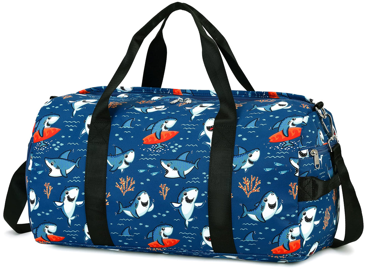 CAMTOP Kids Duffel Overnight Bag Boys Girls Toddler Weekender Carry-On Personalized Tote for Travel Gym Sport (A-Blue Dinosaur)