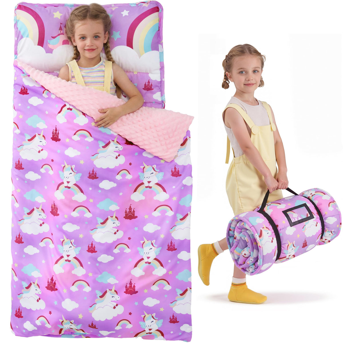 JOIEDOMI Toddler Nap Mat with Removable Pillow and Minky Blanket 55''x30'' Kids Sleeping Bag for Boys and Girls Ages 3-6 Roll Up Soft Nap Mats for Preschool Kindergarten Daycare Sleepover