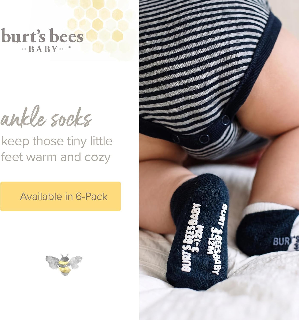Burt's Bees Baby Organic Ankle & Crew Socks with Non-Slip Grips, 6-Pack