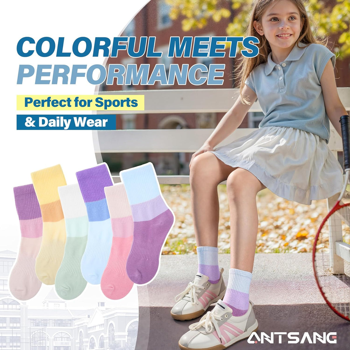 ANTSANG Kids Boys Girls Athletic Cotton Socks,6 Pairs Youth Teen Crew Socks