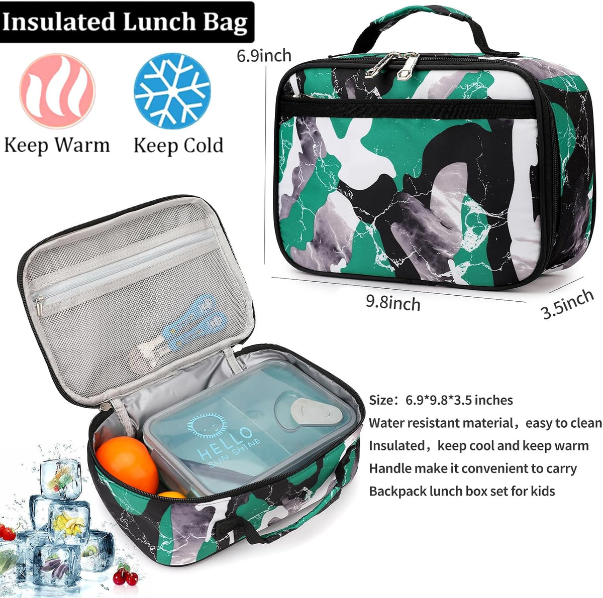 Camo Backpack Set with Lunch Bag Lightweight Waterproof School Backpack Bookbag for Boys Girls (A-Style Camo Green)