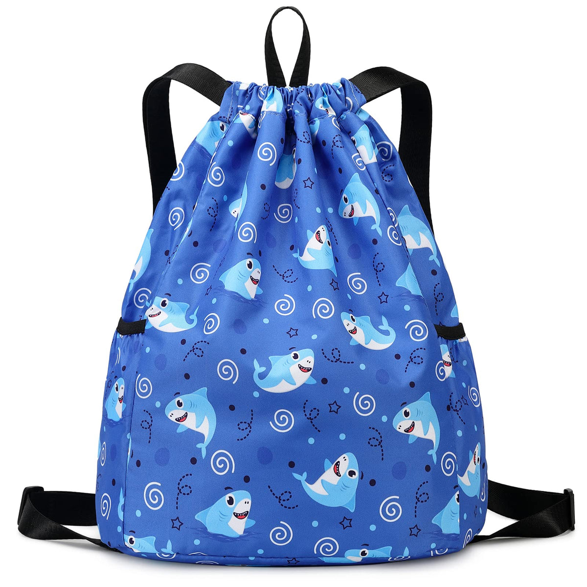 Children Boy Girl Ocean Shark Print Drawstring Backpack Outdoor Casaul Portable Shoulder Bag Swim Gymsack Sack Pack Dark Blue